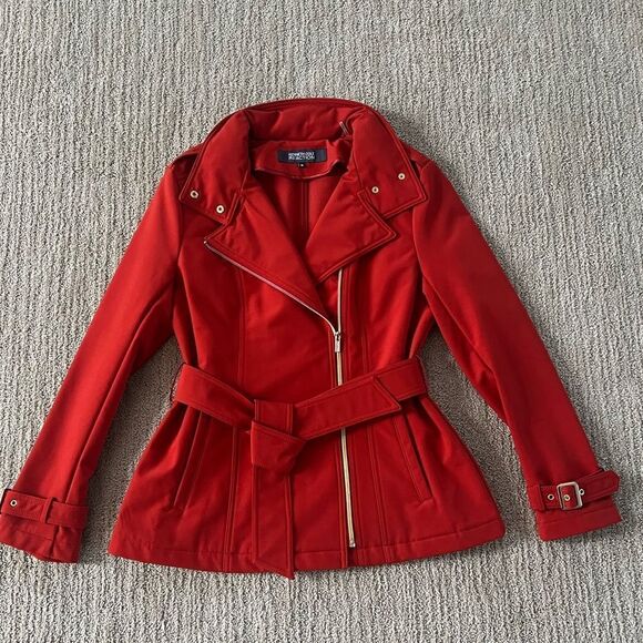 Kenneth Cole Reaction Red Trench Coat with Belt and gold buckles - Picture 1 of 8